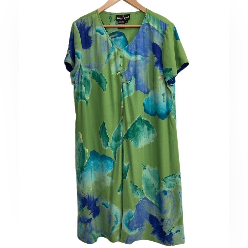 Vintage Carole Little green & blue short sleeve dress with overlay